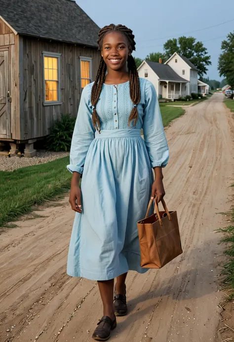 (medium full shot) of (understated Amish) young woman, black american, dark skin, black eyes, Medium build, medium blonde dreadlocks hair, wearing a pastel blue long-sleeved dress , leather shoes, carrying a handmade bag, set in an Amish village, with plain wooden houses, dirt roads, small community spaces, and simple decor, at night, woman smiling, ,Masterpiece,best quality, photo, realistic, very aesthetic, detailed face,
