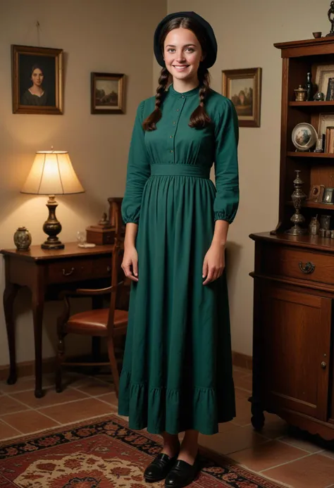 (medium full shot) of (plain Amish) young woman, spanish, tan skin, blue eyes, voluptuous build, extra long dark retro hair, wearing a dark green simple tunic, modest dress, leather shoes, black bonnet, set in a modest house, with minimalistic decor, functional furniture, clean interiors, and a warm ambiance, at night, woman smiling, Masterpiece,best quality, photo, realistic, very aesthetic, detailed face,