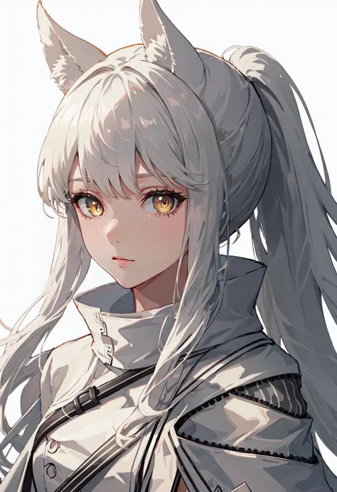 best quality, masterpiece, highres, solo, (platinum_arknights:1.10), 1girl, looking at viewer, ponytail, sidelocks, upper body, white jacket, closed mouth, simple background, white background, high collar, 4 <lora:platinum_arknights:0.80>