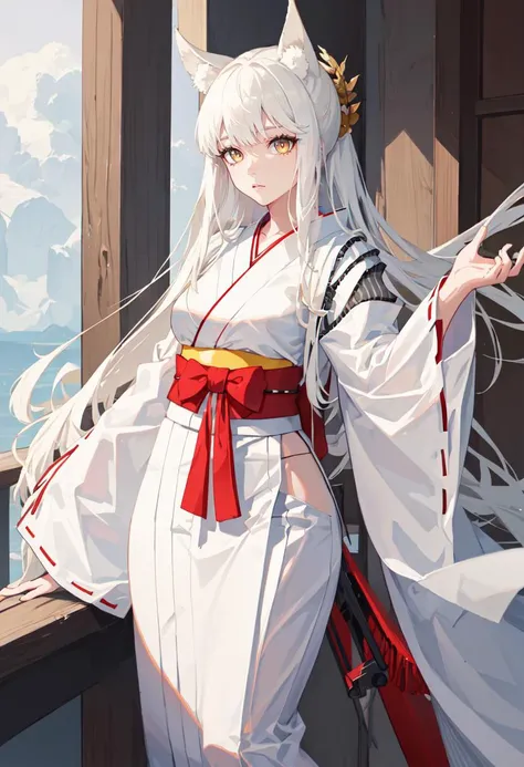best quality, masterpiece, highres, solo, (platinum_arknights:1.10), (white kimono:1.35), (red hakama:1.35), (wide sleeves:1.20), 25 <lora:platinum_arknights:0.80>