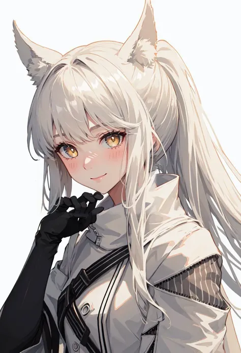 best quality, masterpiece, highres, solo, (platinum_arknights:1.10), 1girl, simple background, upper body, white background, white jacket, blush, looking at viewer, black gloves, closed mouth, elbow gloves, hand up, sidelocks, high collar, ponytail, smile, holding, 5 <lora:platinum_arknights:0.80>