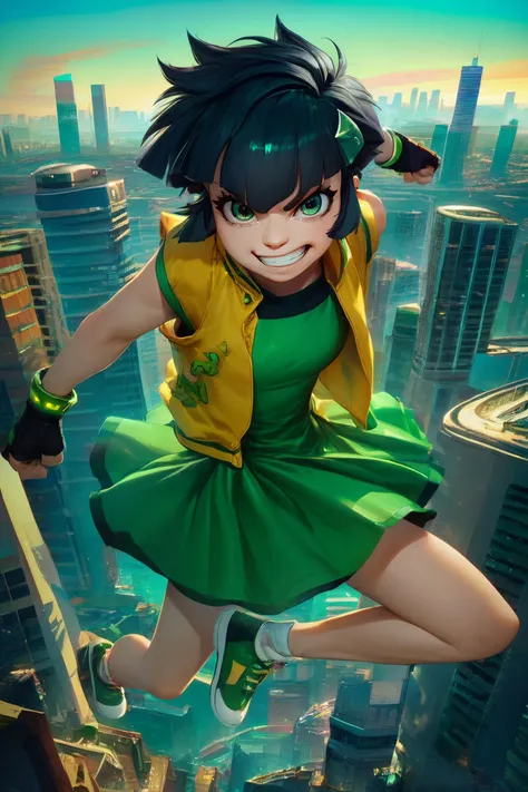 zPDXL,<lora:RealisticAnime:.7>,
1girl, Kaoru transformation, yellow vest, green dress, fingerless gloves, green eyes, short black hair, hair clip, shoes,looking at viewer, serious, grin, flying, in air, cityscape, blue sky,  <lora:Kaoru:.8>