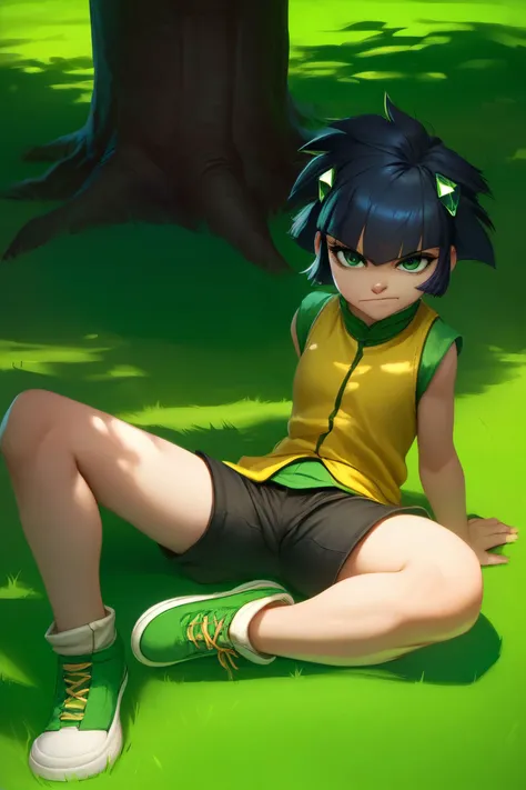 zPDXL,<lora:RealisticAnime:.7>,
1girl, Kaoru Casual, green eyes, short black hair, hair ornament, Yellow vest, black shorts, shoes, looking at viewer, serious, smirk, sitting, on grass, spreading legs, leaning back, under tree, shade, park, <lora:Kaoru:.8>