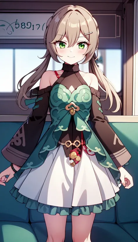 1girl, Inside train, Green eyes, masterpiece, best quality, Flat, pale Brown hair, <lyco:qingque:1.0>, qingque, Train background, Green dress with White skirt, Green frills, Red knot on clothes, Low twintails