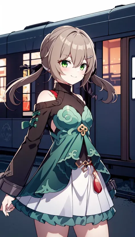 1girl, Inside train, Green eyes, masterpiece, best quality, Flat, pale Brown hair, <lyco:qingque:1.0>, qingque, Train background, Green dress with White skirt, Green frills, Red knot on clothes, Low twintails