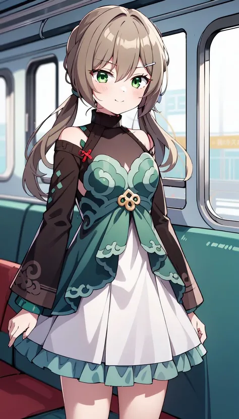 1girl, Inside train, Green eyes, masterpiece, best quality, Flat, pale Brown hair, <lyco:qingque:0.8>, qingque, Train background, Green dress with White skirt, Green frills, Red knot on clothes, Low twintails