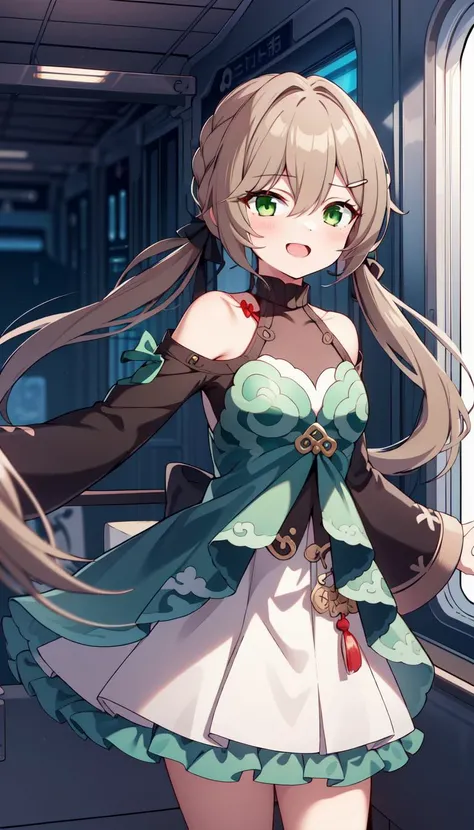 1girl, Inside train, Green eyes, masterpiece, best quality, Flat, pale Brown hair, <lyco:qingque:0.8>, qingque, Train background, Green dress with White skirt, Green frills, Red knot on clothes, Low twintails