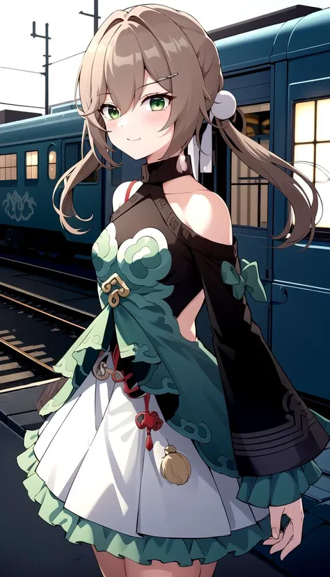 1girl, Inside train, Green eyes, masterpiece, best quality, Flat, pale Brown hair, <lyco:qingque:1.0>, qingque, Train background, Green dress with White skirt, Green frills, Red knot on clothes, Low twintails