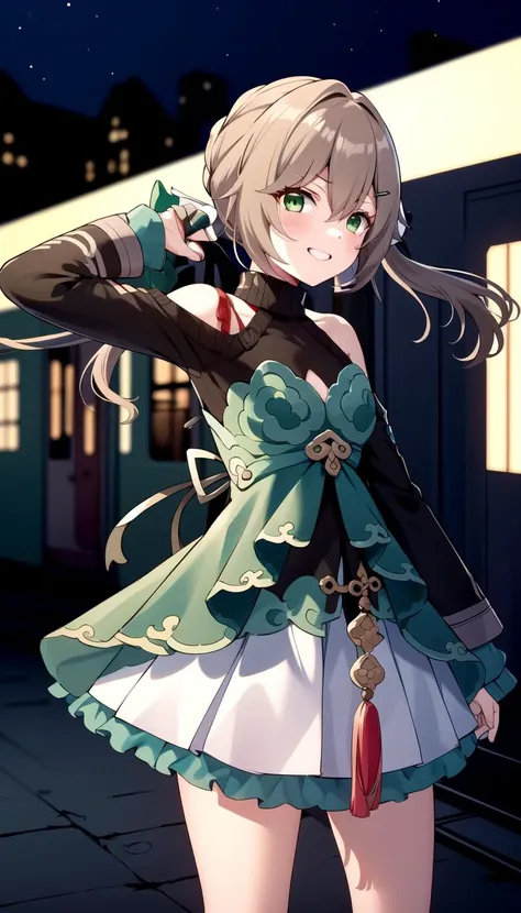 1girl, Inside train, Green eyes, masterpiece, best quality, Flat, pale Brown hair, <lyco:qingque:1.0>, qingque, Train background, Green dress with White skirt, Green frills, Red knot on clothes, Low twintails