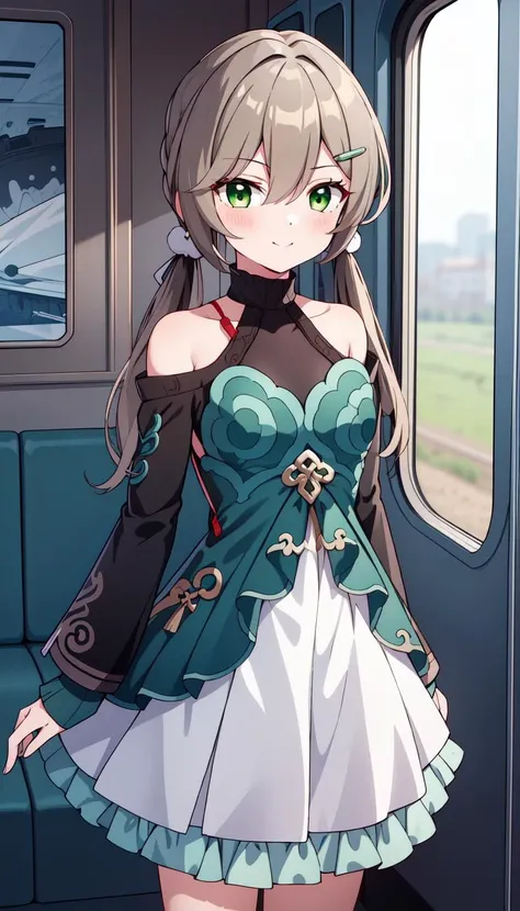 1girl, Inside train, Green eyes, masterpiece, best quality, Flat, pale Brown hair, <lyco:qingque:0.8>, qingque, Train background, Green dress with White skirt, Green frills, Red knot on clothes, Low twintails