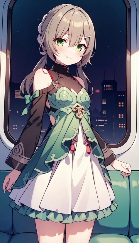 1girl, Inside train, Green eyes, masterpiece, best quality, Flat, pale Brown hair, <lyco:qingque:0.8>, qingque, Train background, Green dress with White skirt, Green frills, Red knot on clothes, Low twintails