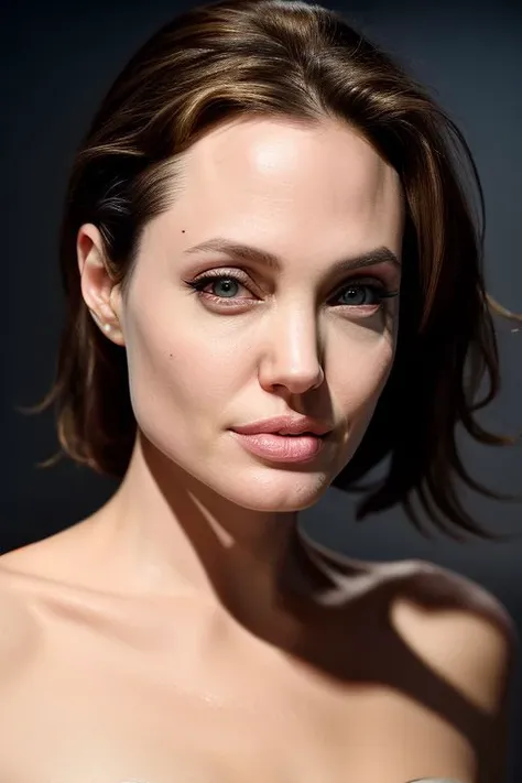 (close-up:1.0) photo of (CR-AngelinaJoli3-frankyfrank2k:0.95) as (young:1.0) woman, (oiled shiny skin:1.0), (slick undercut hair:1.0),
(8k uhd:1.0), (best quality:1.0), (masterpiece:1.0), (sharp focus:1.0), (basic grey backdrop:1.0),