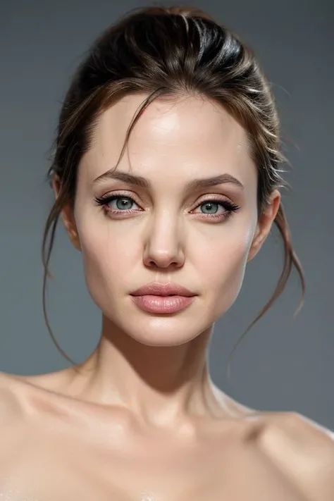 (close-up:1.0) photo of (CR-AngelinaJoli3-frankyfrank2k:0.95) as (young:1.0) woman, (oiled shiny skin:1.0), (undercut hair:1.0),
(8k uhd:1.0), (best quality:1.0), (masterpiece:1.0), (sharp focus:1.0), (basic grey backdrop:1.0),