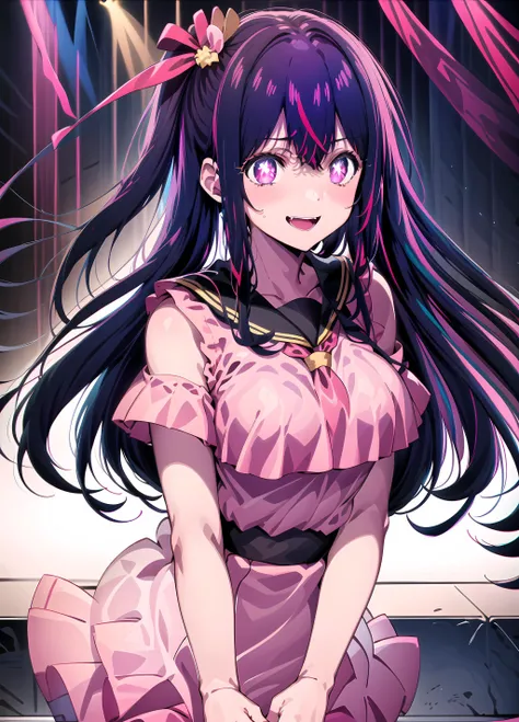 solo, hoshinoai, (Masterpiece:1.2, high quality), (pixiv:1.4), (1girl:1.2), (solo:1.2), medium_face, black + high_ponytail, blunt bangs, red + long_eyes, smile, Light_face, large breasts, slenderwaist, Wide pelvic, thigh gaps, (serafuku, sailor collar, necktie), Single_earrin, standing, standing straight, (full body), (blurry background), ((pink dress, pink skirt)), <lora:oshiNoKoHoshinoAi_v1:0.9>
