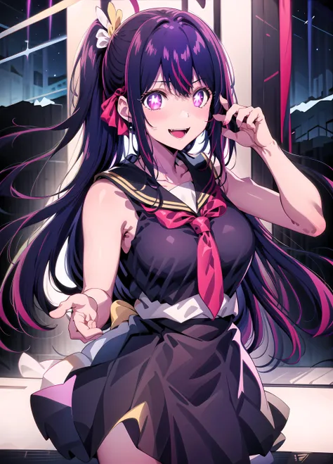 solo, hoshinoai, (Masterpiece:1.2, high quality), (pixiv:1.4), (1girl:1.2), (solo:1.2), medium_face, black + high_ponytail, blunt bangs, red + long_eyes, smile, Light_face, large breasts, slenderwaist, Wide pelvic, thigh gaps, (serafuku, sailor collar, necktie), Single_earrin, standing, standing straight, (full body), (blurry background), <lora:oshiNoKoHoshinoAi_v1:0.9>