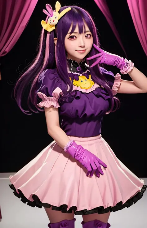 masterpiece, best quality, ultra-detailed,solo, hoshinoai, one eye closed, gloves, skirt, (tongue out), thighhighs, pink gloves, hair ornament, looking at viewer, heart, purple eyes, light purple hair, light, <lora:HoshinoAi_v1-000009:0.7>, <lora:koreanDollLikeness_v10:0.2>