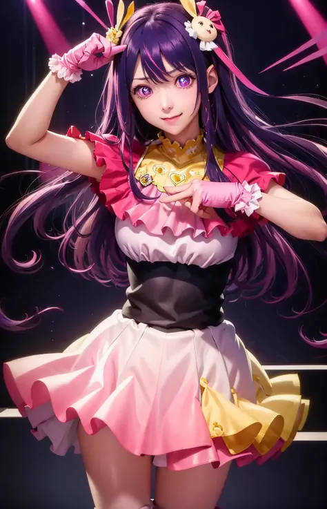 masterpiece, best quality, ultra-detailed,solo, hoshinoai, skirt, pink gloves, hair ornament, looking at viewer, heart, purple eyes, light purple hair, <lora:HoshinoAi_v1-000009:0.7>,