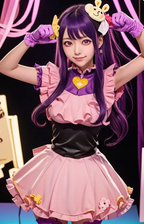 masterpiece, best quality, ultra-detailed,solo, hoshinoai, one eye closed, gloves, skirt, (tongue out), thighhighs, pink gloves, hair ornament, looking at viewer, heart, purple eyes, light purple hair, light, <lora:HoshinoAi_v1-000009:0.7>, <lora:koreanDollLikeness_v10:0.2>