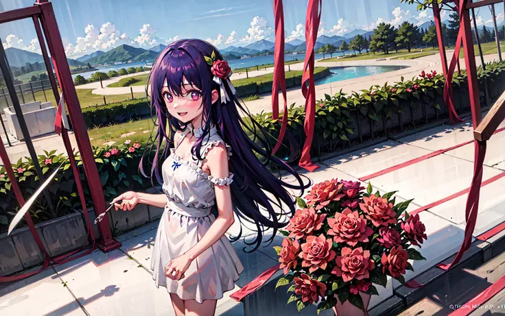 masterpiece, best quality, ultra-detailed,solo, hoshinoai, <lora:HoshinoAi_v1-000006:0.5>, 
1girl, bare shoulders, grin, bouquet, day, dress, flower, holding, holding bouquet, lake, looking at viewer, nature, outdoors, red flower, rose, solo, standing, tree, water, water drop, waterfall, wet
sky, cloudy sky, building, sun