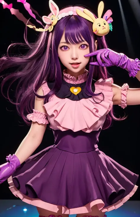 masterpiece, best quality, ultra-detailed,solo, hoshinoai, one eye closed, gloves, skirt, (tongue out), thighhighs, pink gloves, hair ornament, looking at viewer, heart, purple eyes, light purple hair, light, <lora:HoshinoAi_v1-000009:0.7>, <lora:koreanDollLikeness_v10:0.2>