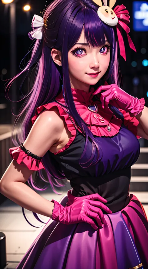 masterpiece, RAW Photo, 8k ultra detailed, detailed eyes, detailed face, best quality, ultra-detailed,solo, hoshinoai, skirt, pink gloves, hair ornament, looking at viewer, heart, purple eyes, light purple hair, <lora:oshiNoKoHoshinoAi_v1:0.8>