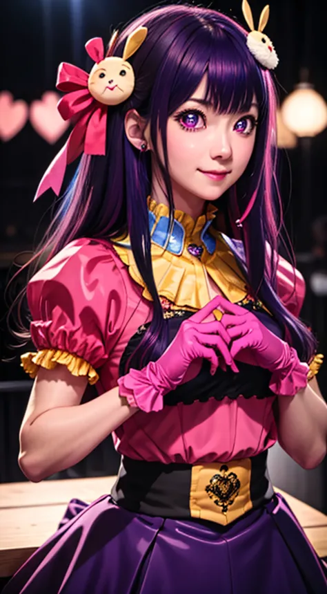 masterpiece, RAW Photo, 8k ultra detailed, detailed eyes, detailed face, best quality, ultra-detailed,solo, hoshinoai, skirt, pink gloves, hair ornament, looking at viewer, heart, purple eyes, light purple hair, <lora:oshiNoKoHoshinoAi_v1:0.8>