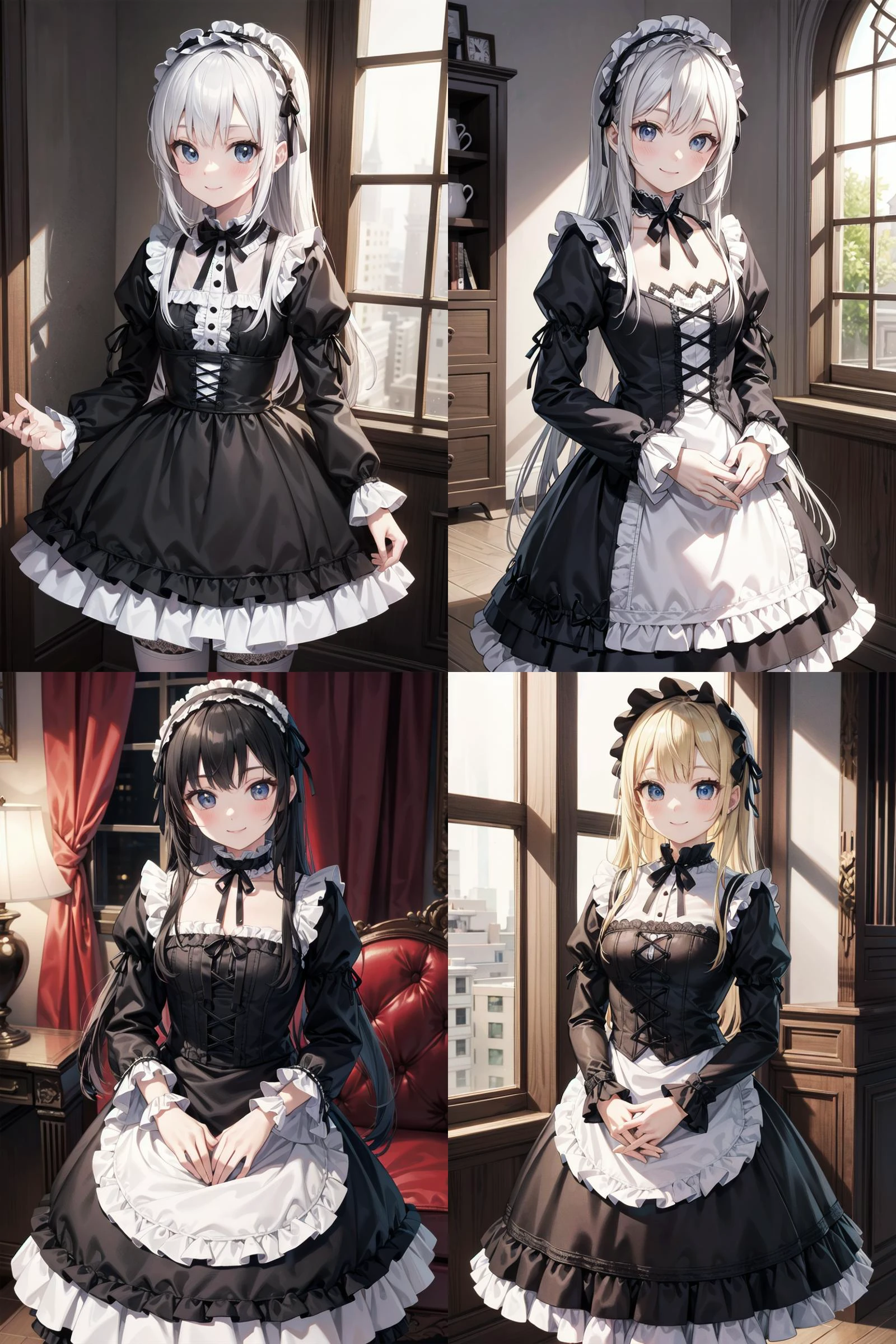 cowboy shot, long white hair, glossy, realistic textures, kawaii, (Gothic Lolita dress), Gorgeous Clothing, clothes that reveal little, [cute smile], in room,