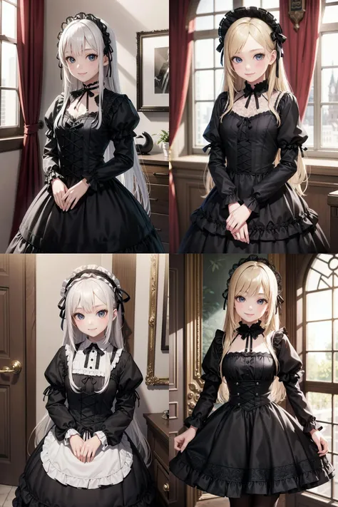 cowboy shot, long white hair, glossy, realistic textures, kawaii, (Gothic Lolita dress), Gorgeous Clothing, clothes that reveal little, [cute smile], in room,