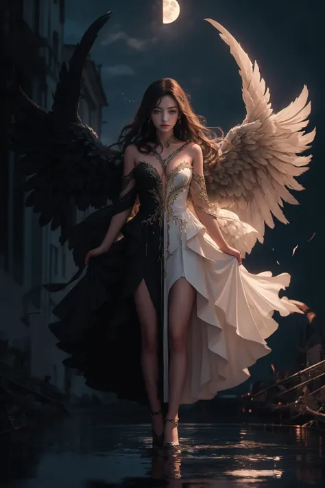masterpiece,best quality,ultra-detailed,<lora:md1-000008:0.7>,1girl,md symmetrical,solo,full body,(white wing:1.2),(black wing:1.2),night,moon,angel halo,