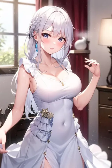 1girl, solo, cowboy shot, (:1.2), (in room), white hair, long hair, (Gorgeous White Ruffled Dress:1.4), steam, sweat, shiny skin, (looking at viewer),
