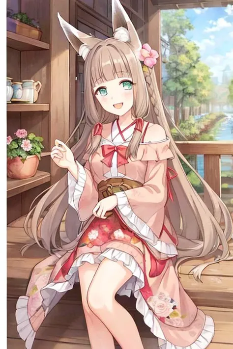 masterpiece,best quality,official art,extremely detailed CG unity 8k wallpaper,1girl,pupil,beautiful detailed eyes, tail,solo,long hair,fox ears,fox girl, hair ornament,fox tail,floral print, hair flower, full body, braid, looking at viewer, smile, bangs, very long hair,dress, blunt bangs,fang, light brown hair, animal ear fluff,
<lyco:zhengbuLOC:0.6>  Proto