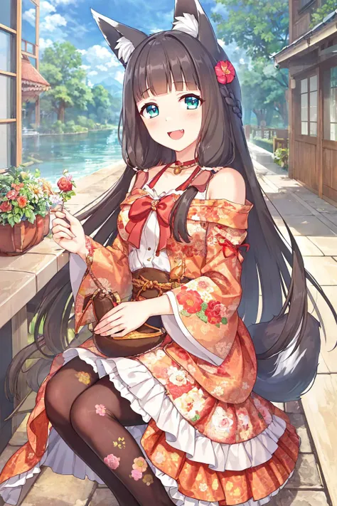 masterpiece,best quality,official art,extremely detailed CG unity 8k wallpaper,1girl,pupil,beautiful detailed eyes, tail,solo,long hair,fox ears,fox girl, hair ornament,floral print, hair flower, full body, braid, looking at viewer, smile, bangs, very long hair,dress, blunt bangs,fang, light brown hair, animal ear fluff, <lyco:zhengbuLOC:0.6>,