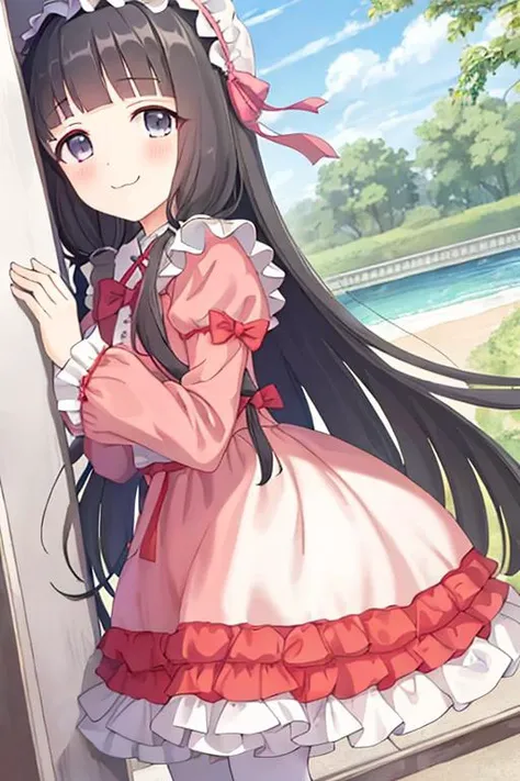 masterpiece,best quality,official art,extremely detailed CG unity 8k wallpaper,1girl, solo, long hair,dress,smile, black hair,bangs, frills,long sleeves, blunt bangs,looking at viewer,bow, frilled dress,black eyes,puffy sleeves, very long hair,pink bow,blush,<lyco:zhengbuLOC:0.6> klingon:3, oo,-n 2h