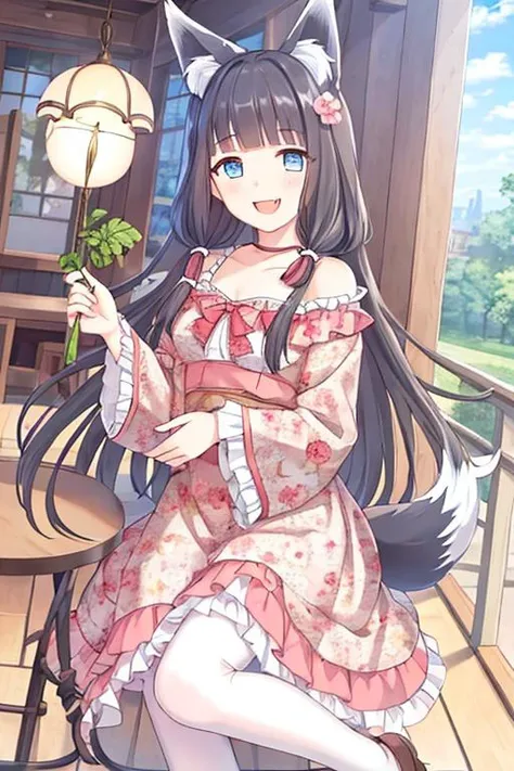 masterpiece,best quality,official art,extremely detailed CG unity 8k wallpaper,1girl,pupil,beautiful detailed eyes, tail,solo,long hair,fox ears,fox girl, hair ornament,floral print, hair flower, full body, braid, looking at viewer, smile, bangs, very long hair,dress, blunt bangs,fang, light brown hair, animal ear fluff, <lyco:zhengbuLOC:0.6>,