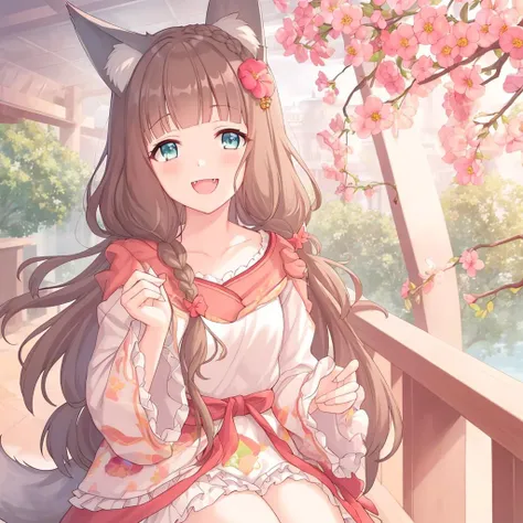 masterpiece,best quality,official art,extremely detailed CG unity 8k wallpaper,1girl,Black pupil,beautiful detailed eyes, tail,solo,long hair,fox ears,fox girl, hair ornament,fox tail,flower,floral print, hair flower, full body, braid, looking at viewer, smile, bangs, very long hair,dress, blunt bangs,fang, light brown hair, animal ear fluff, <lyco:zhengbuLOC:0.6>