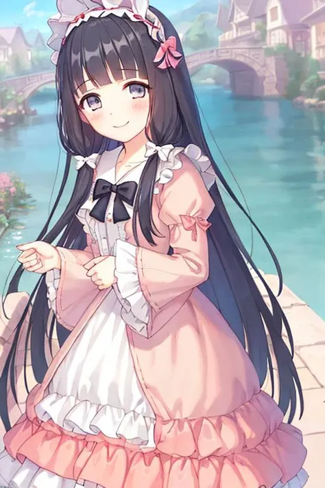 masterpiece,best quality,official art,extremely detailed CG unity 8k wallpaper,1girl, solo, long hair,dress,smile, black hair,bangs, frills,long sleeves, blunt bangs,looking at viewer,bow, frilled dress,black eyes,puffy sleeves, very long hair,pink bow,blush,<lyco:zhengbuLOC:0.6> gusta thomas kinkade, ernst ha