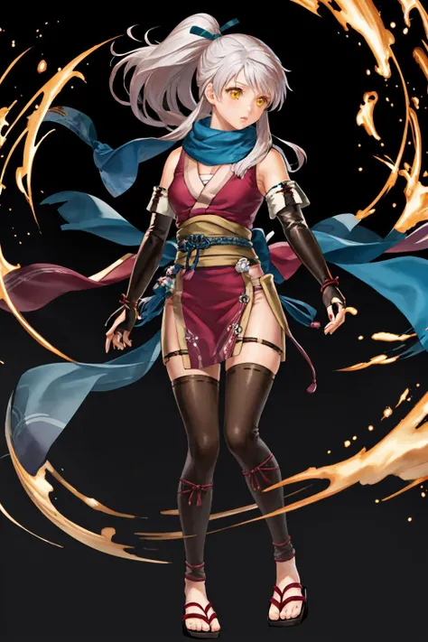 masterpiece, best quality, 1girl, solo,
<lora:micaiahV3:1> nin_micaiah, ponytail, chest sarashi, gloves, blue scarf, black gloves, fingerless gloves, elbow gloves, sleeveless kimono,ribbon, , black thighhighs, side slit, bare shoulders, japanese clothes, bracelet, sash, obi, bangle, tabi,
<lora:FEH_Concept_v2:1> (black background:1.4), simple background, full body