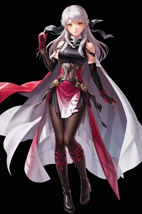 masterpiece, best quality, 1girl, solo,
<lora:micaiahV3:1> res_micaiah, gradient clothes, dress, elbow gloves, sleeveless, bare shoulders, cape,boots, bracelet, sleeveless dress,ribbon, black gloves, turtleneck, short dress, pantyhose, black footwear,
<lora:FEH_Concept_v2:1> (black background:1.4), simple background, full body