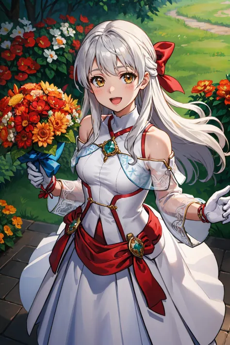 masterpiece, best quality, <lora:micaiahV3:0.9> wed_micaiah, wedding dress, gloves, white dress, bare shoulders, white gloves, jewelry, long sleeves, sleeveless, see-through, detached sleeves, turtleneck, wide sleeves, red bow, bracelet, white footwear, holding bouquet, from above, garden, looking at viewer, upper body, :D