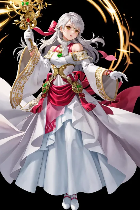 masterpiece, best quality, 1girl, solo,
<lora:micaiahV3:1> wed_micaiah, wedding dress, gloves, white dress, bare shoulders, white gloves, jewelry, long sleeves, sleeveless, see-through, detached sleeves, turtleneck, wide sleeves, red bow, bracelet, white footwear,
<lora:FEH_Concept_v2:1> (black background:1.4), simple background, full body