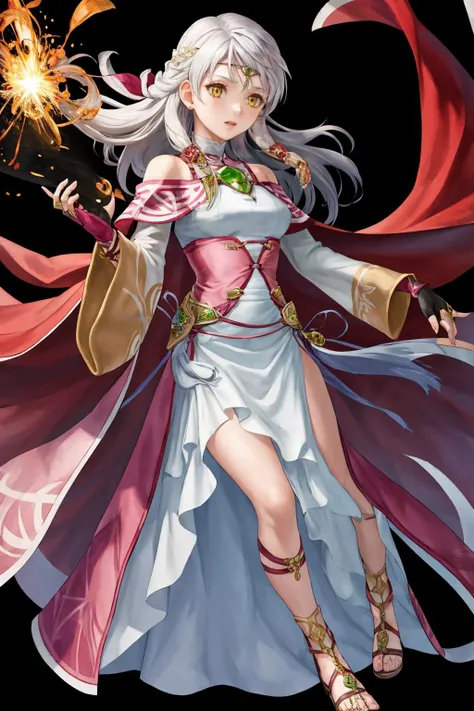 masterpiece, best quality, 1girl, solo,
<lora:micaiahV3:1> bra_micaiah, circlet, skirt, bridal gauntlets, jewelry, cape, bare shoulders, sandals, sleeveless dress, red cape, long sleeves, wide sleeves, side slit, white dress, detached sleeves, turtleneck, ribbon, pink dress, fingerless gloves,
<lora:FEH_Concept_v2:1> (black background:1.4), simple background, full body