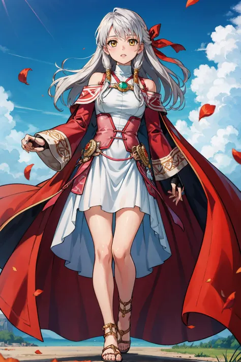 masterpiece, best quality, <lora:micaiahV3:0.9> bra_micaiah, circlet, skirt, bridal gauntlets, jewelry, cape, bare shoulders, sandals, sleeveless dress, red cape, long sleeves, wide sleeves, side slit, white dress, detached sleeves, turtleneck, ribbon, pink dress, fingerless gloves, flowers, petals, falling petals, looking at viewer, blue sky, standing