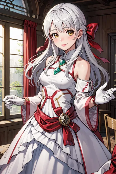 <lora:micaiahV3:0.9>, upper body,wed_micaiah,blush,smile,looking at viewer,wedding dress,gloves, white dress, bare shoulders,white gloves, jewelry, long sleeves, sleeveless, see-through, detached sleeves, turtleneck, wide sleeves, red bow, bracelet, white footwear, chapel,indoors, (masterpiece, best quality, ultra-detailed, best shadow)