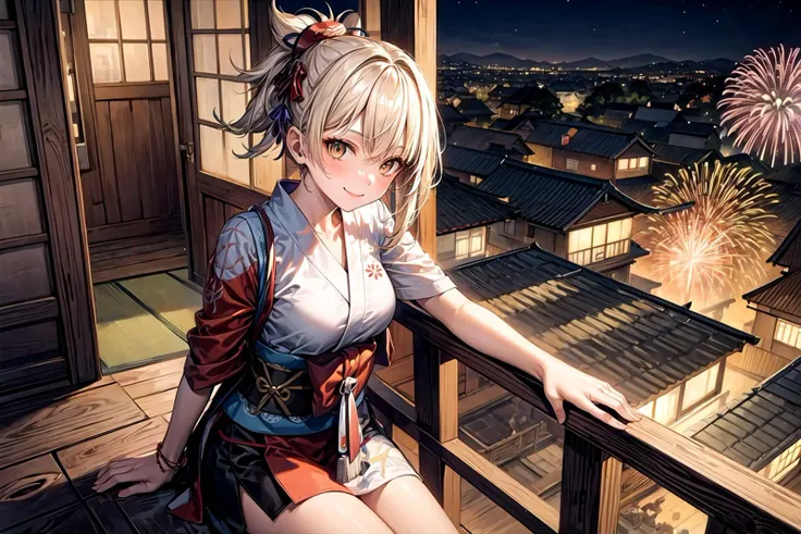 1girl, cowboy shot, sitting, smile, fireworks, evening, joy, (((origen))),  <lora:tool-addDetail:1> <lora:char-Genshin-Yoimiya:0.8>, shrines, japanese village, on rooftop, blonde, left hand on railing, looking at viewer, arms down