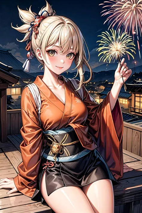 1girl, cowboy shot, (close up), sitting, smile, fireworks, evening, joy, (((origen))), <lora:tool-addDetail:1> <lora:char-Genshin-Yoimiya:0.8>, shrines, japanese village, on rooftop, blonde, one hand on fence, looking at viewer, fence, cheerful