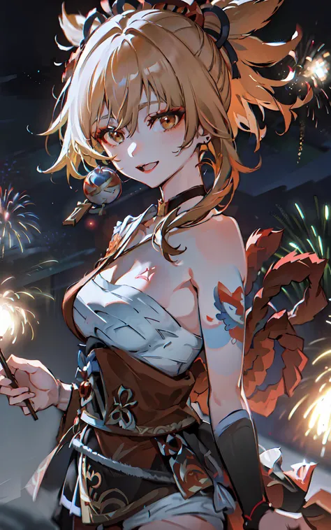(masterpiece, best quality, highres, ultra-detailed, 8k, 4k), artbook, anime coloring, CG, illustration , fantasy,
mksks ,(1girl, solo:1.4), earring, choker, ((close up portrait)), background is a huge ornate circular pattern, smile, happy
looking at viewer,fireworks,stars, night, outdoors, (dutch angle), close up, face focus, upper body,yoimiya \(genshin impact\), <lora:GenshenImpactYoimiya_10:1>, <lora:vividImpactfulStyleYoneyamaMai_v40gLora:0.8> <lora:sunAndShadow_v10:0.5>