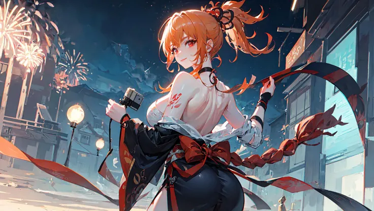 (masterpiece, best quality, ultra-detailed, best shadow), fireworks, night, stars, the top of the hill, smile, closed mouth, lipstick, (beautiful detailed face), high contrast, (best illumination, an extremely delicate and beautiful), colorful, hyper detail, dramatic light, intricate details, (1 girl, solo, orange hair, cute face, red eyes , dynamic angle), (origen), look at the viewer, <lora:GenshenImpactYoimiya_10:0.7>, camera from side or back or front, old japan architecture in backgound,japan castle,
,large breasts, perfact body,abs,full body,
