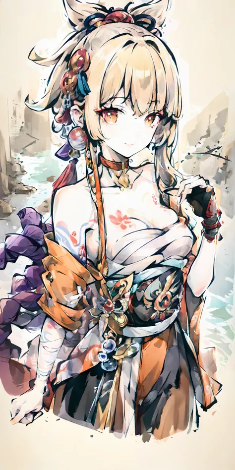 <lora:宵宫(origen):1>,<lora:shuimobysimV3:1>,((masterpiece)),(best quality),official art,extremely detailed CG,unity 8k wallpaper,ultra detailed,A lighthouse on a cliff by the sea,1girl,solo,upper body,(portrait:1.2),looking at viewer,hadanugi_dousa,sarashi,orange_kimono,japanese_clothes,arm_tattoo,blonde_hair,fingerless_gloves,smile,chest_tattoo,bandaged_arm,shimenawa,red_choker,hair_ornament,yellow_eyes,high_ponytail,rope,bandaged_leg,flower_tattoo,bangs,medium_breasts,tabi,single_fingerless_glove,leg_armor,single_thighhigh,<lora:Yoimiya(gen)>,