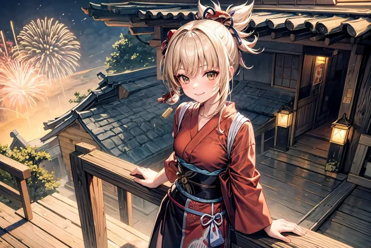 1girl, cowboy shot, sitting, smile, fireworks, evening, joy, (((origen))), <lora:tool-addDetail:1> <lora:char-Genshin-Yoimiya:0.8>, shrines, japanese village, on rooftop, blonde, red yukata, left hand on railing, looking at viewer, arms down