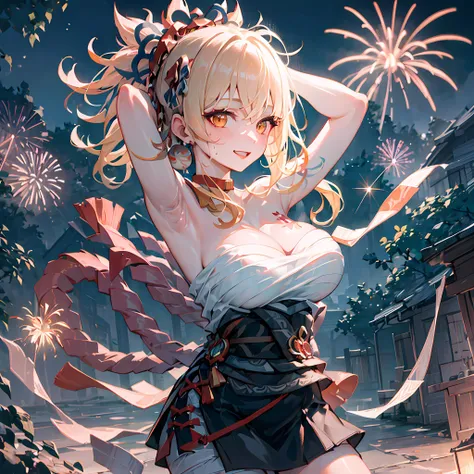 ((masterpiece, best quality)), best quality, cinematic lighting, dark, detailed facial features, intricate details, shallow depth of field, [volumetric fog], 1 girl, origen solo, huge breasts, nipple through clothes, breasts bandage, short skirt, wet clothes, smile, sweating, seductive, hands up, arms up, armpits, sideboobs, backlit, night, outside,  ancient city,night time, night city, a lot of fireworks behind, big fireworks, portrait,